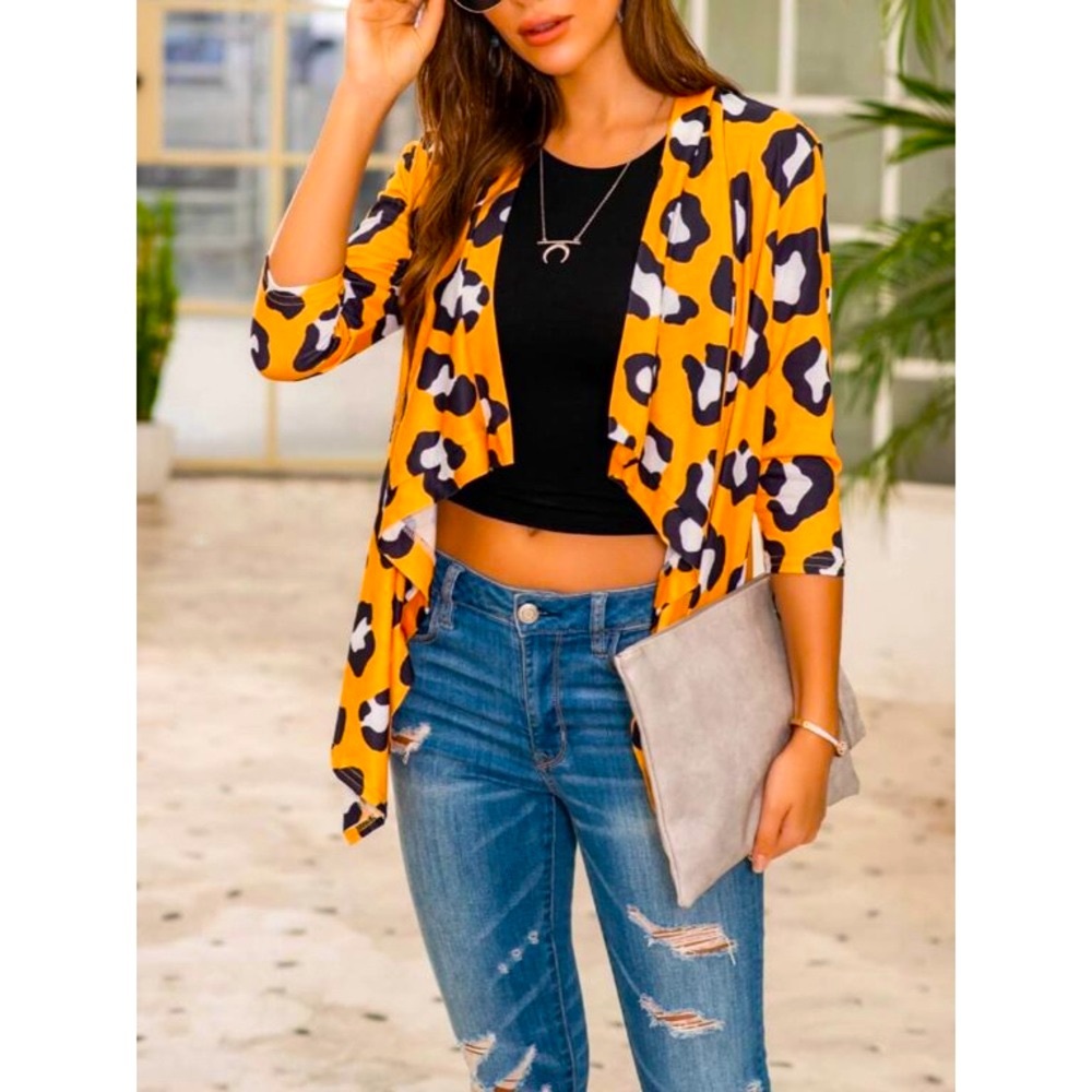 1/2 Sleeve Conventional Collar Trendy Leopard Print Asymmetrical Cardigan Tunic